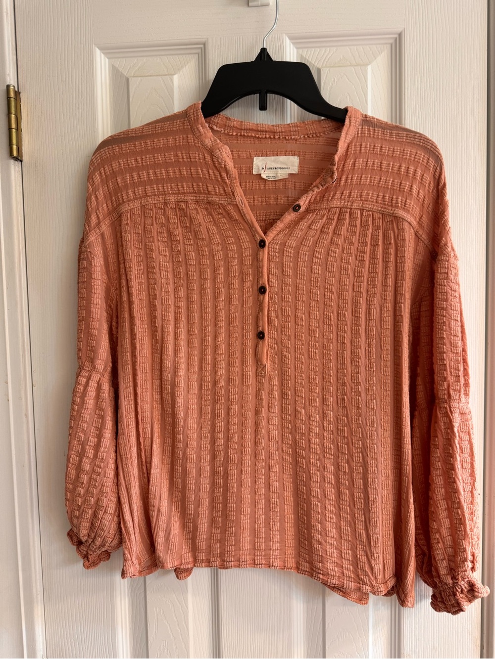 Anthropologie Salmon-Peach Textured Henley Top